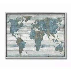 Blue and Tan Rustic Plank World Map Framed Art