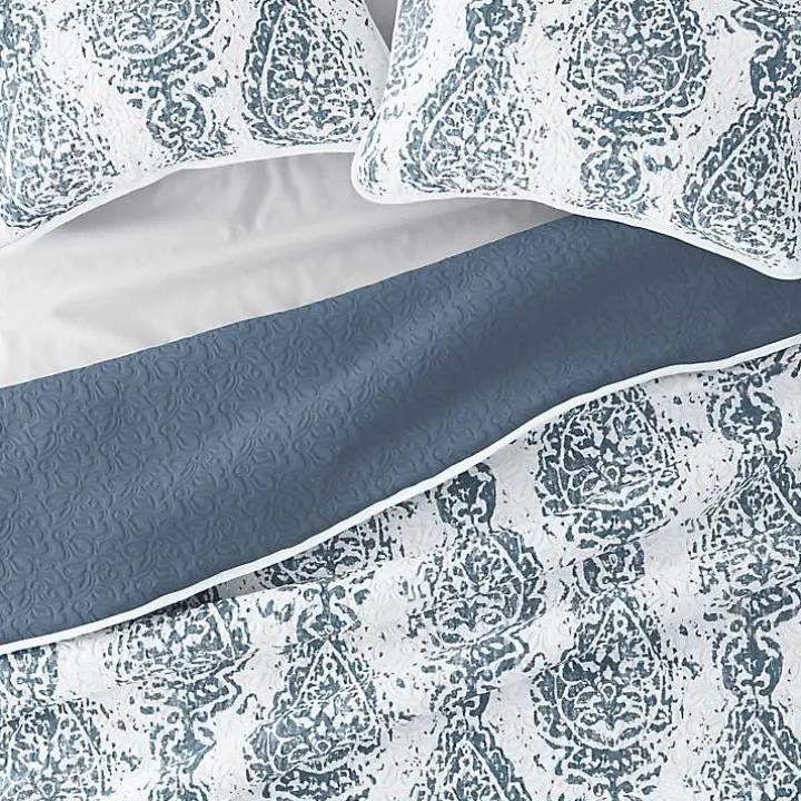 Blue Damask Reversible 3-pc. Queen Quilt Set