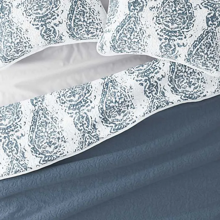 Blue Damask Reversible 3-pc. Queen Quilt Set
