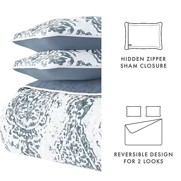 Blue Damask Reversible 2-pc. Twin Quilt Set