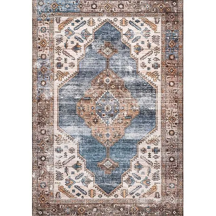 Blue Distressed Medallion Washable Area Rug, 8x10