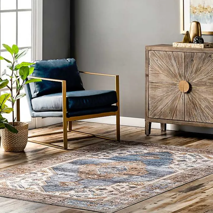 Blue Distressed Medallion Washable Area Rug, 8x10
