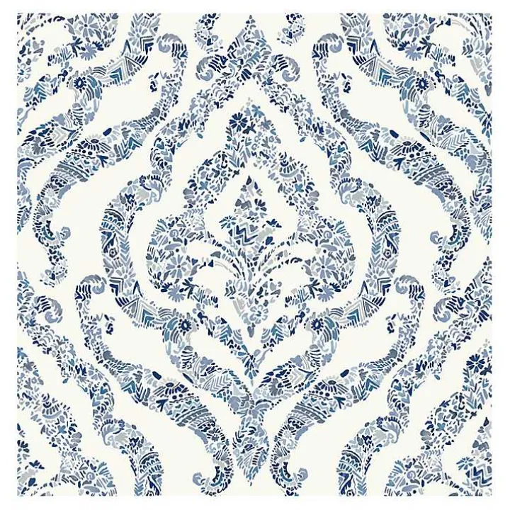 Blue Floral Damask Pattern Peel & Stick Wallpaper
