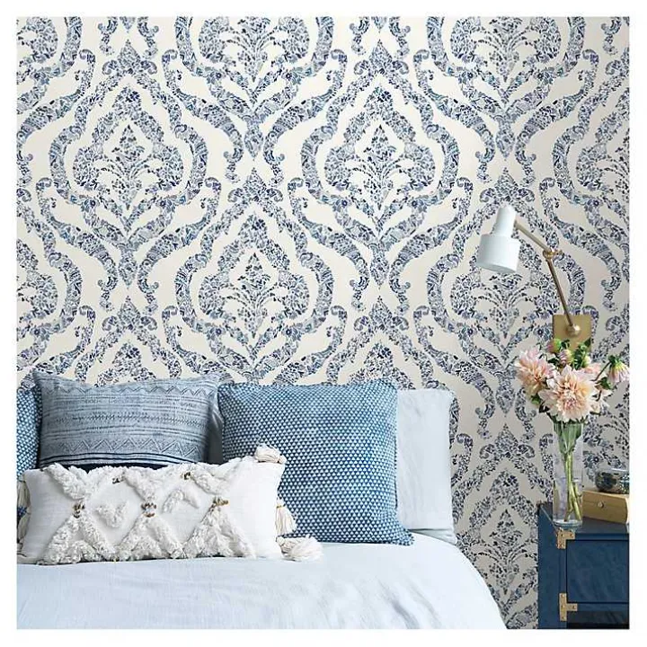 Blue Floral Damask Pattern Peel & Stick Wallpaper