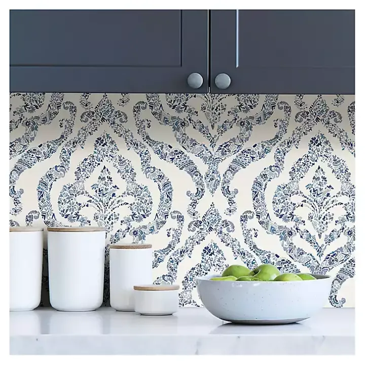 Blue Floral Damask Pattern Peel & Stick Wallpaper