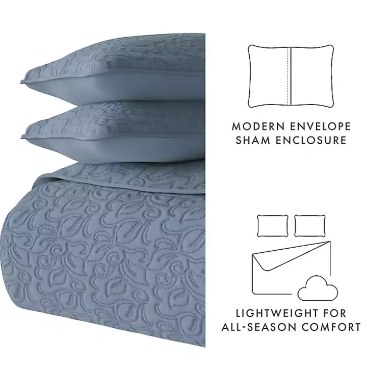 Blue Floral Stitch 3-pc. Queen Quilt Set
