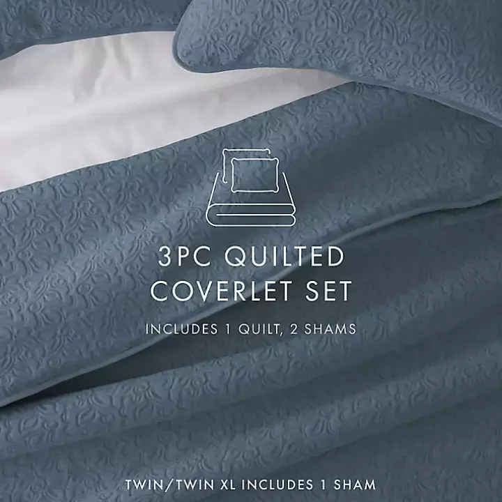 Blue Floral Stitch 3-pc. Queen Quilt Set