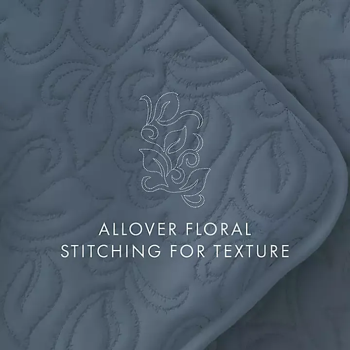 Blue Floral Stitch 3-pc. Queen Quilt Set