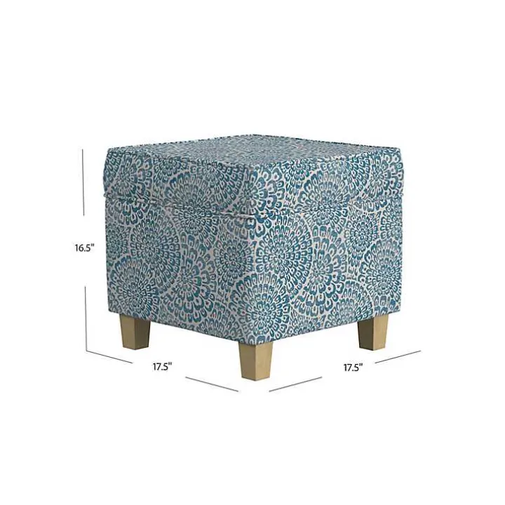 Blue Floral Upholstered Square Storage Ottoman
