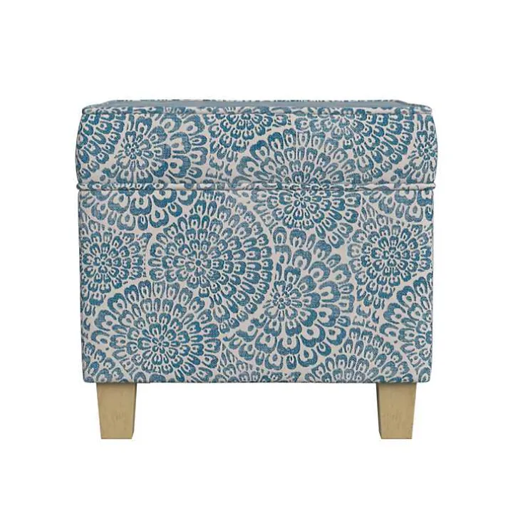 Blue Floral Upholstered Square Storage Ottoman