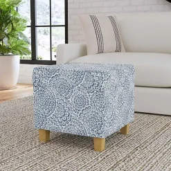 Blue Floral Upholstered Square Storage Ottoman