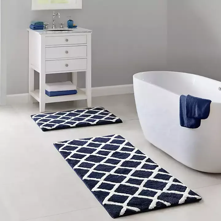Blue Geometric Pattern Reversible Bath Mat, 60 in.