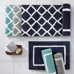 Blue Geometric Pattern Reversible Bath Mat, 60 in.