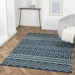 Blue Geometric Stripe Washable Area Rug, 5x7