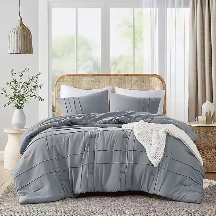 Blue Gray Pleated Grid 3-pc. Queen Comforter Set