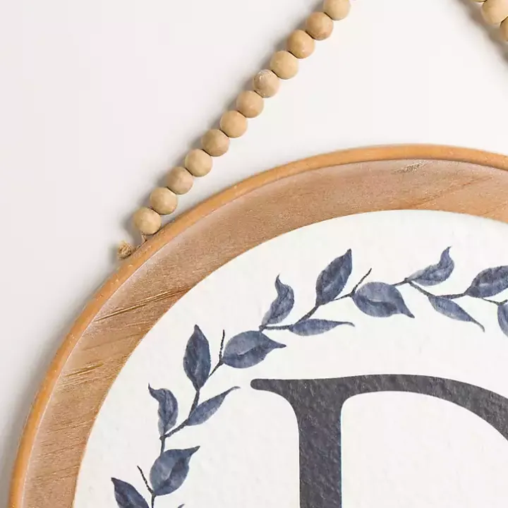 Blue Leaf Wreath Monogram D Wood Wall Plaque