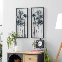 Blue Metal Floral Panel Wall Plaques, Set of 2