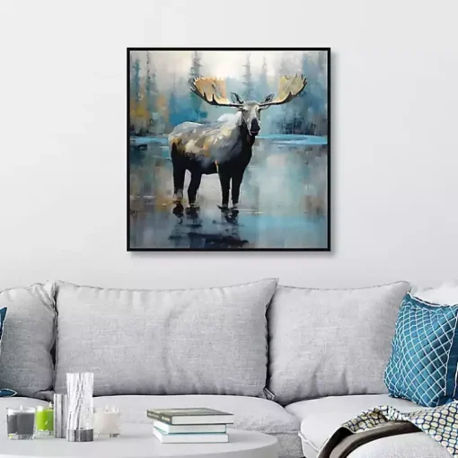 Blue Moody Moose Framed Canvas Art Print