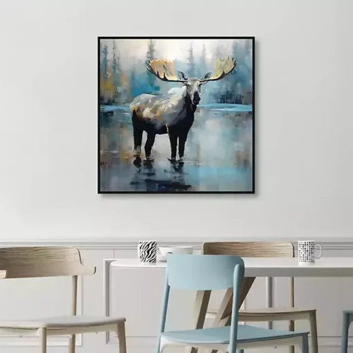 Blue Moody Moose Framed Canvas Art Print