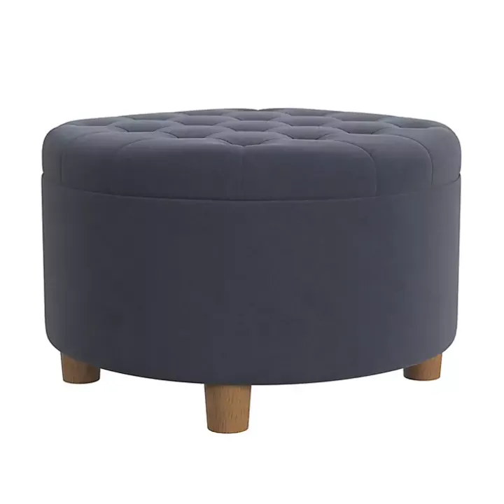 Blue Round Velvet Tufted Storage Ottoman