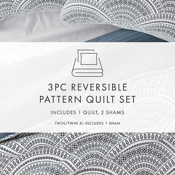 Blue Scalloped Reversible 3-pc. Queen Quilt Set