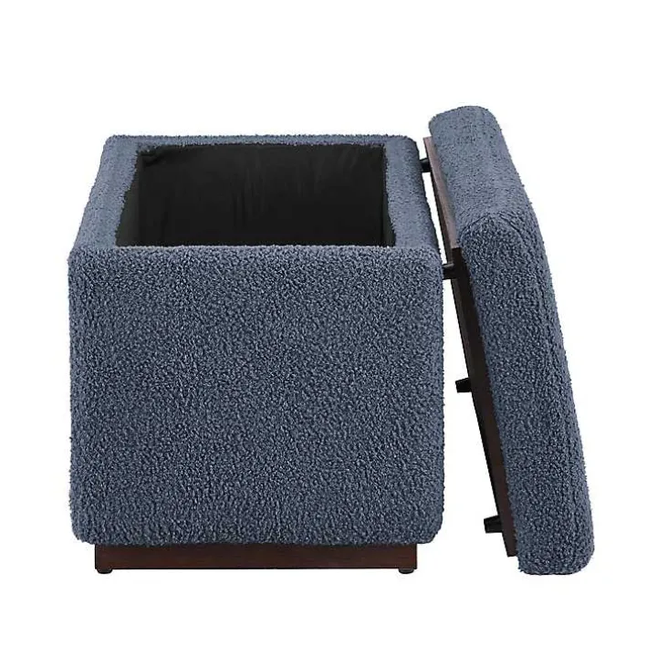 Blue Sherpa & Walnut Rectangle Storage Ottoman