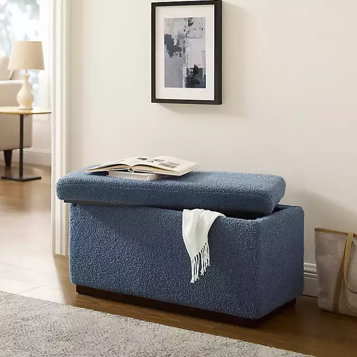 Blue Sherpa & Walnut Rectangle Storage Ottoman