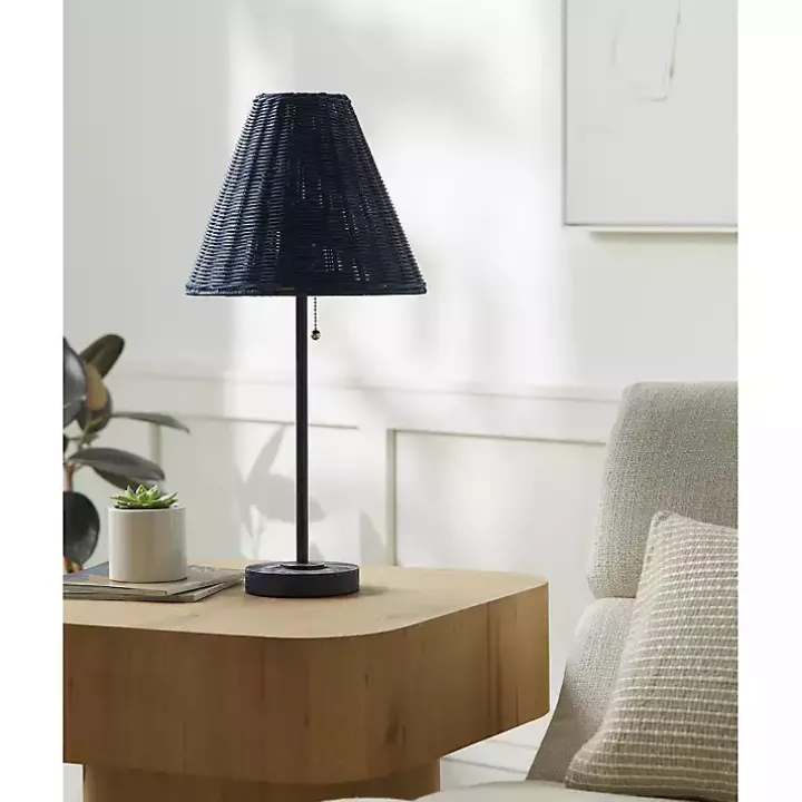 Blue Sirocco Table Lamp with Rattan Shade