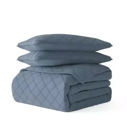Blue Stitched Diamond 3-pc. Queen Quilt Set