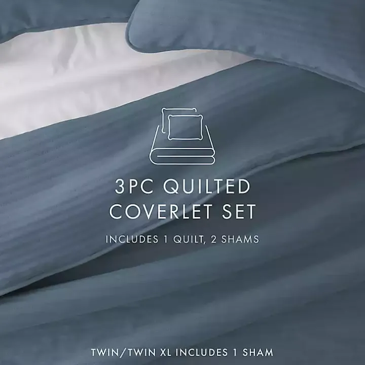 Blue Stitched Stripes 3-pc. Queen Quilt Set