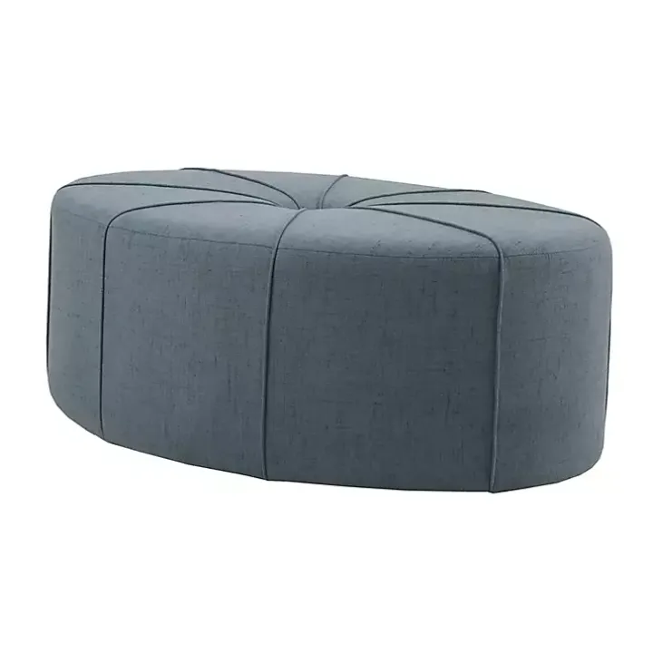 Blue Thick Welting Center Button Oval Ottoman