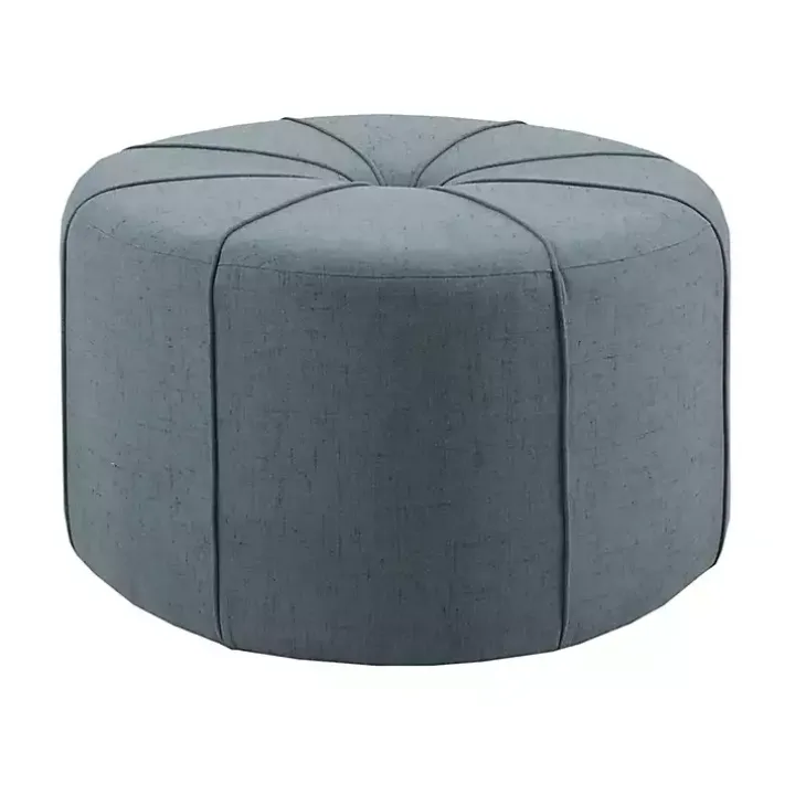 Blue Thick Welting Center Button Oval Ottoman