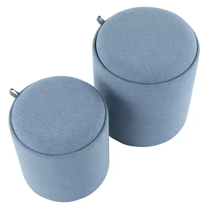 Blue Upholstered Ottomans with Tray Tops, Set of 2