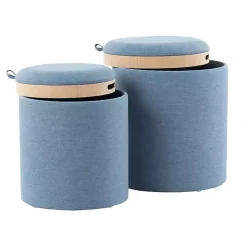 Blue Upholstered Ottomans with Tray Tops, Set of 2