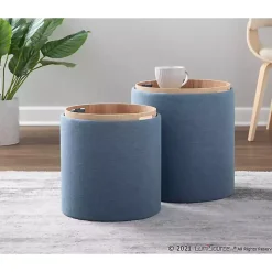 Blue Upholstered Ottomans with Tray Tops, Set of 2