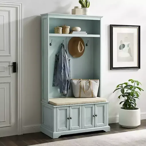 Blue Wood Hall Tree with Cushioned Bench