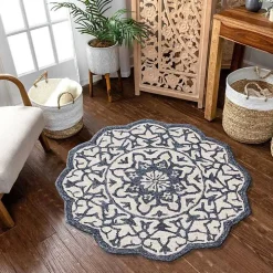 Blue Wool Mosaic Medallion Round Area Rug, 3 ft.