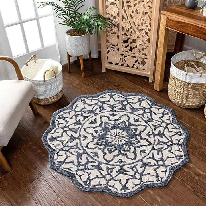 Blue Wool Mosaic Medallion Round Area Rug, 3 ft.