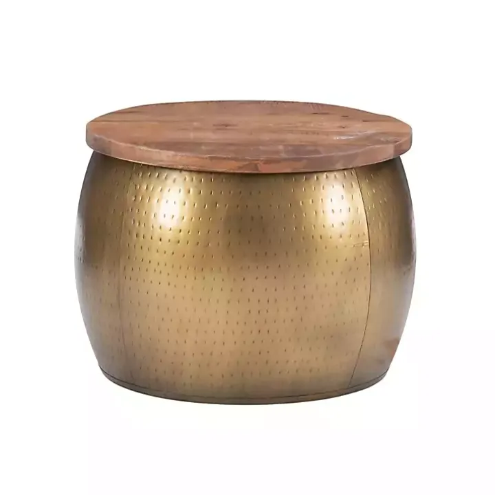 Brass Hammered Drum Storage Coffee Table