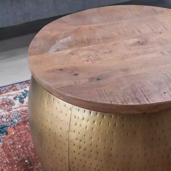 Brass Hammered Drum Storage Coffee Table