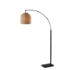 Bronze and Woven Rattan Arc Floor Lamp