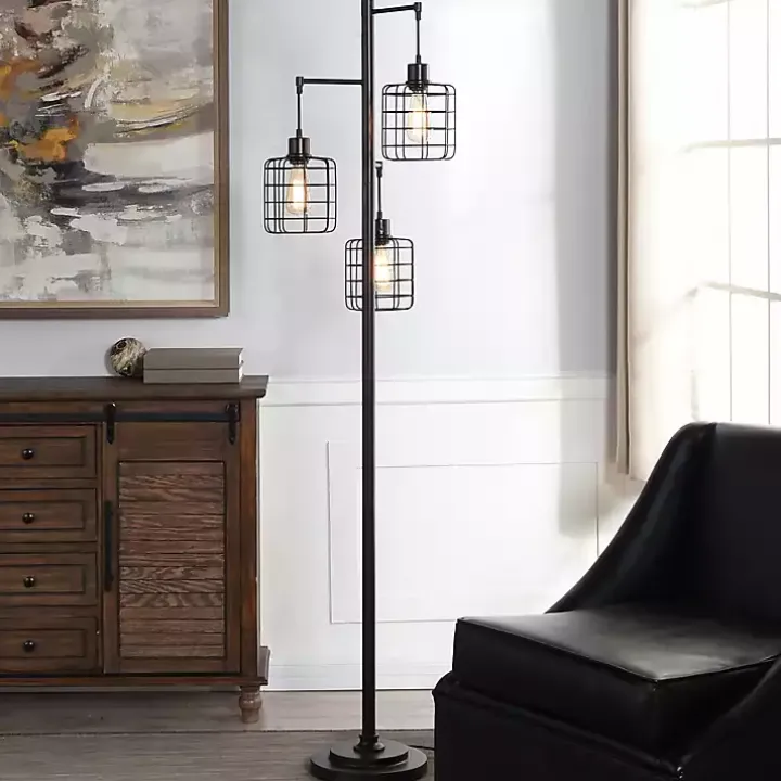 Bronze Caged Metal 3-Tier Floor Lamp