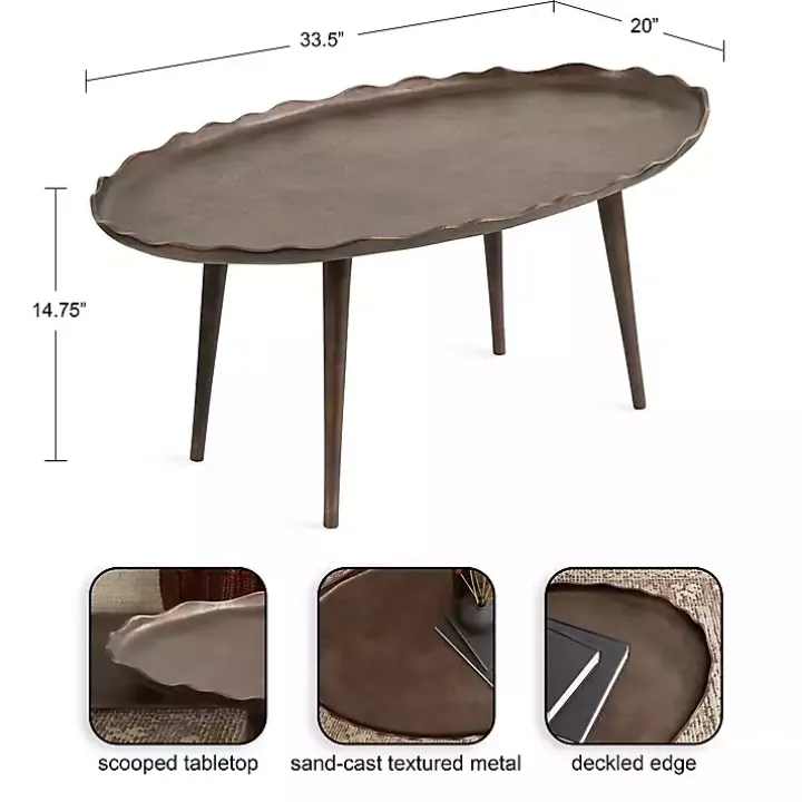 Bronze Metal Deckled Edge Oval Coffee Table