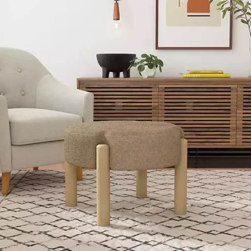 Brown Boucle Natural Wood Ottoman