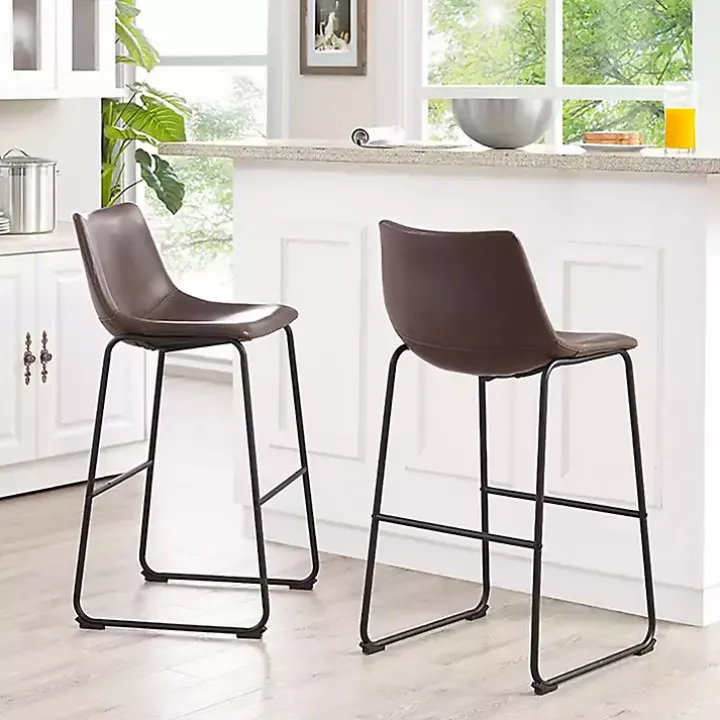 Brown Faux Leather Bar Stools, Set of 2