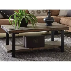 Brown Pine Wood and Metal Coffee Table