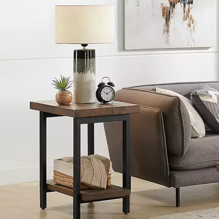 Brown Pine Wood and Metal Accent Table