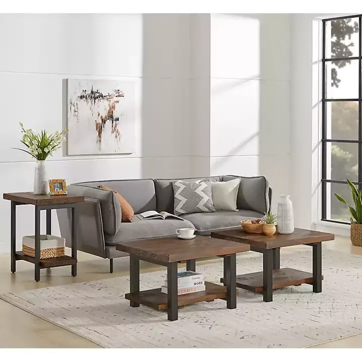 Brown Pine Wood and Metal Accent Table