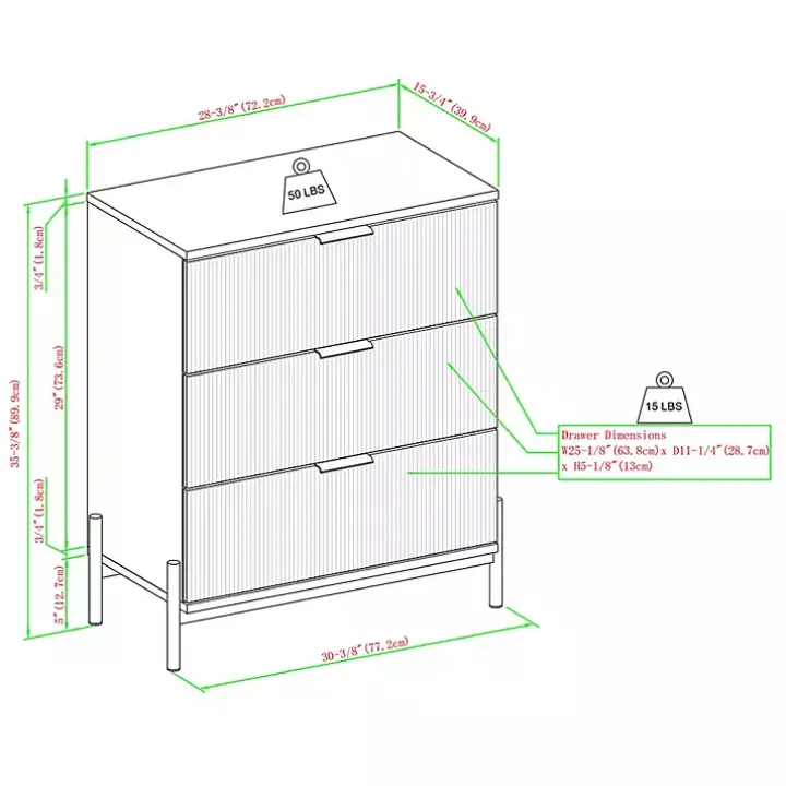 Brown Reeded 3-Drawer Dresser