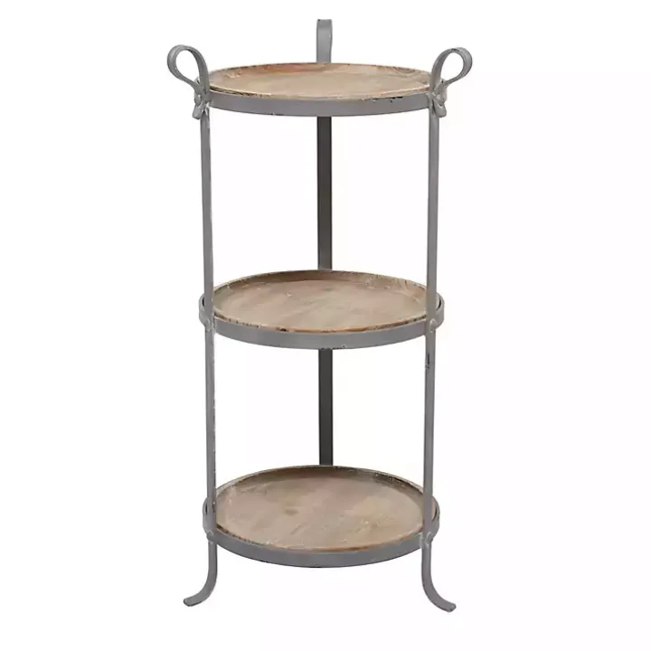 Brown Wood and Gray Metal 3-Tier Side Table